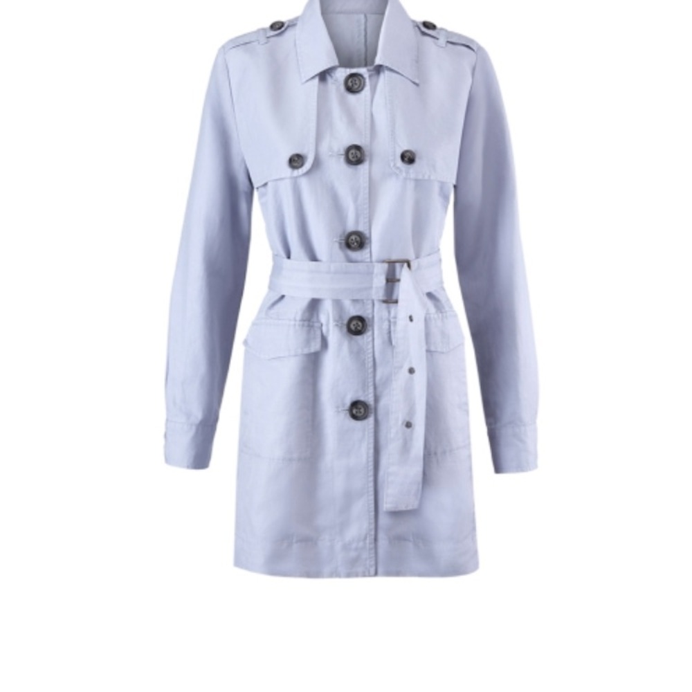 CAbi Blue and Purple Trench Coat with Belt and Epaulettes